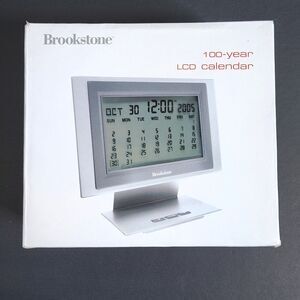 Vintage Brookstone 100-Year LCD Digital Calendar Desk Clock Silver Model 575282